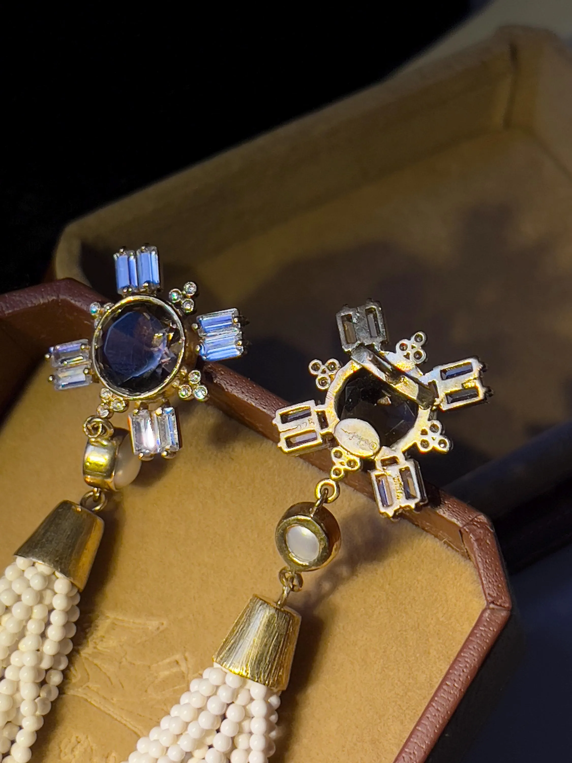 Smoky Quartz and Pearl with White Coral Beads Tassel 18k Gold Earrings