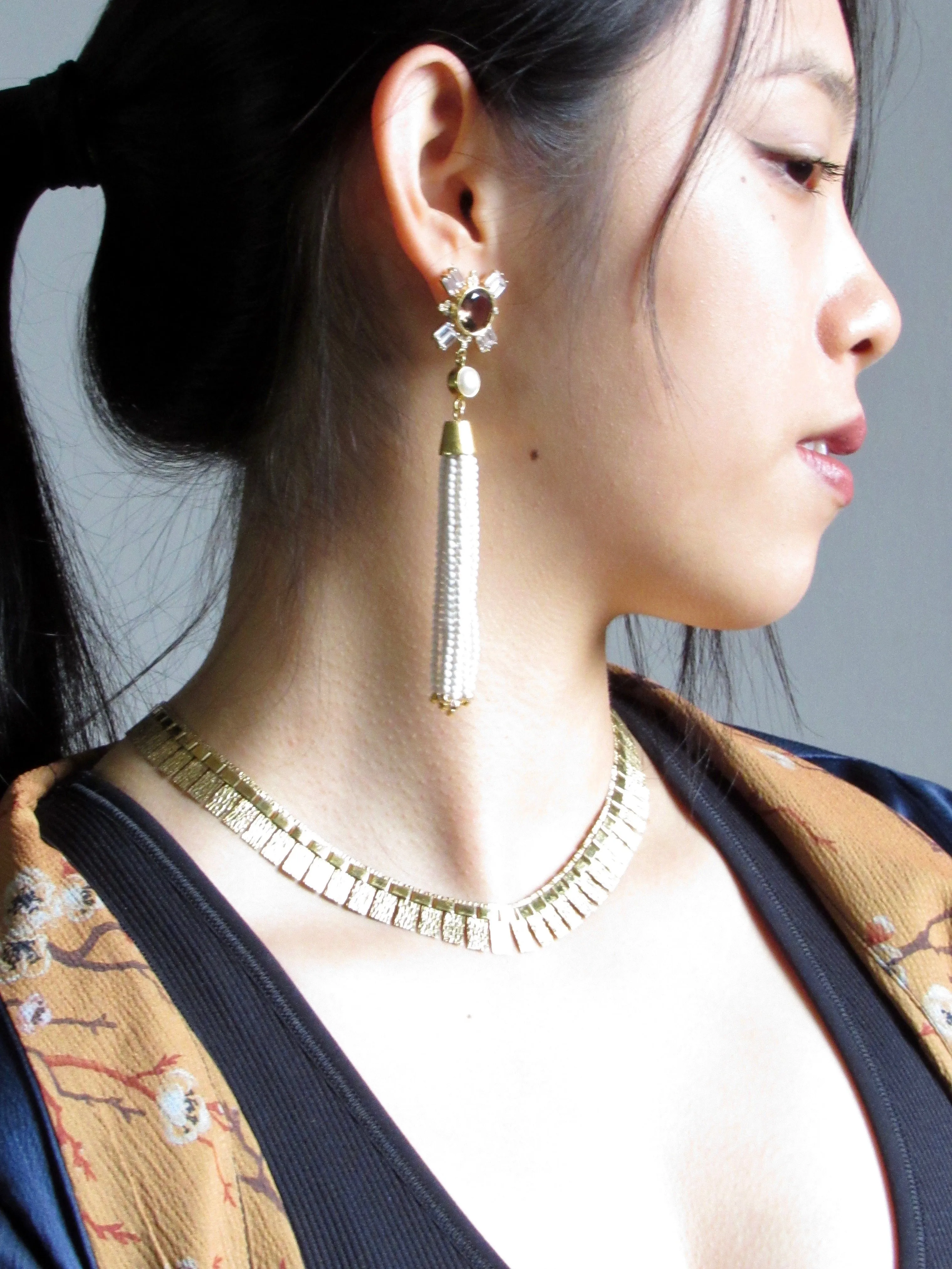 Smoky Quartz and Pearl with White Coral Beads Tassel 18k Gold Earrings