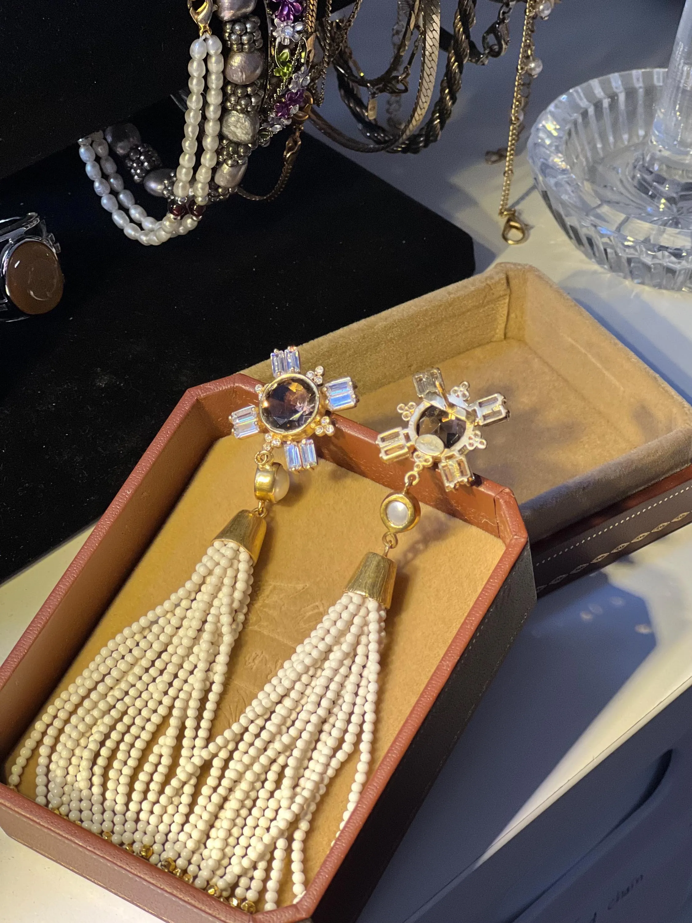 Smoky Quartz and Pearl with White Coral Beads Tassel 18k Gold Earrings