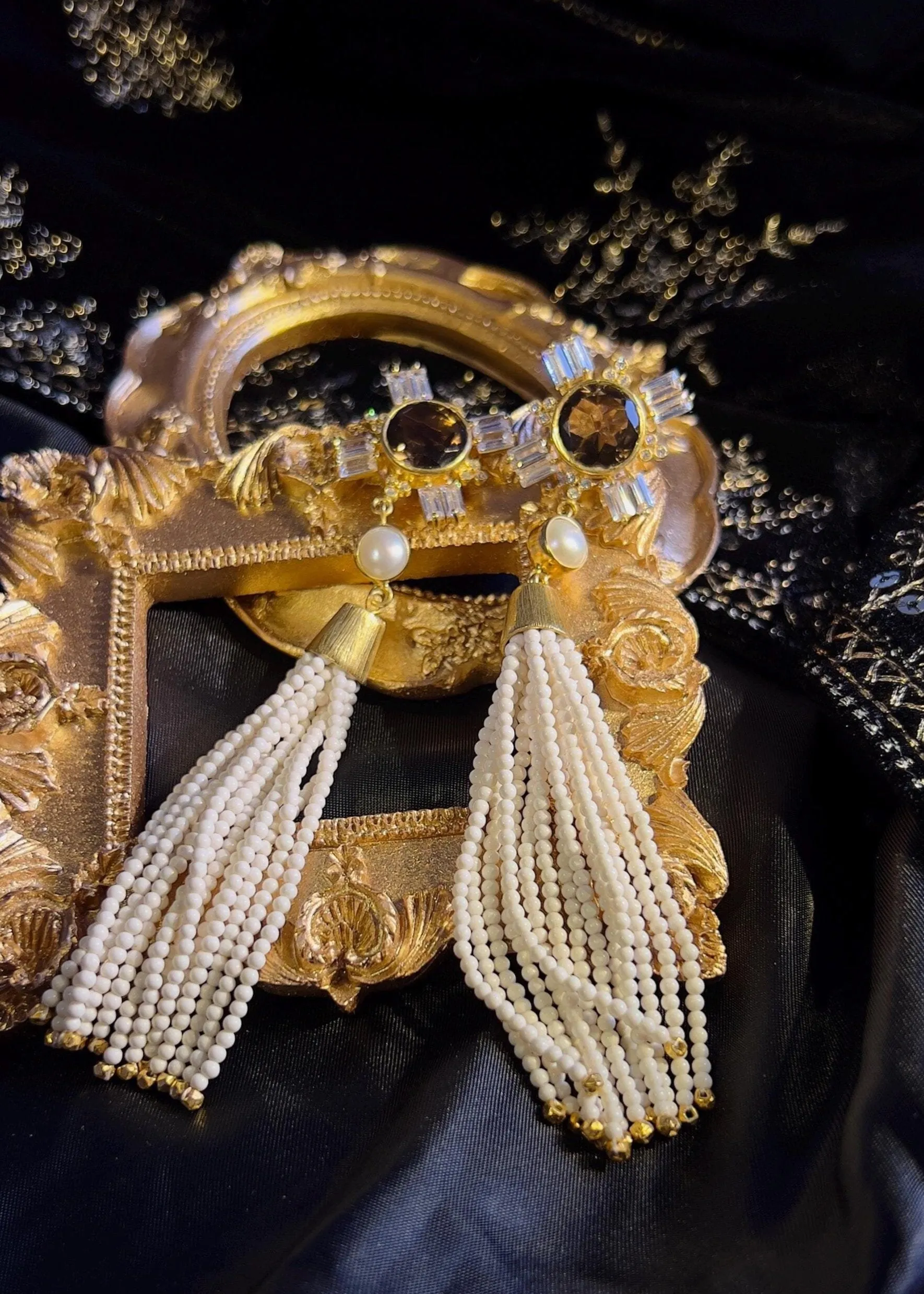 Smoky Quartz and Pearl with White Coral Beads Tassel 18k Gold Earrings