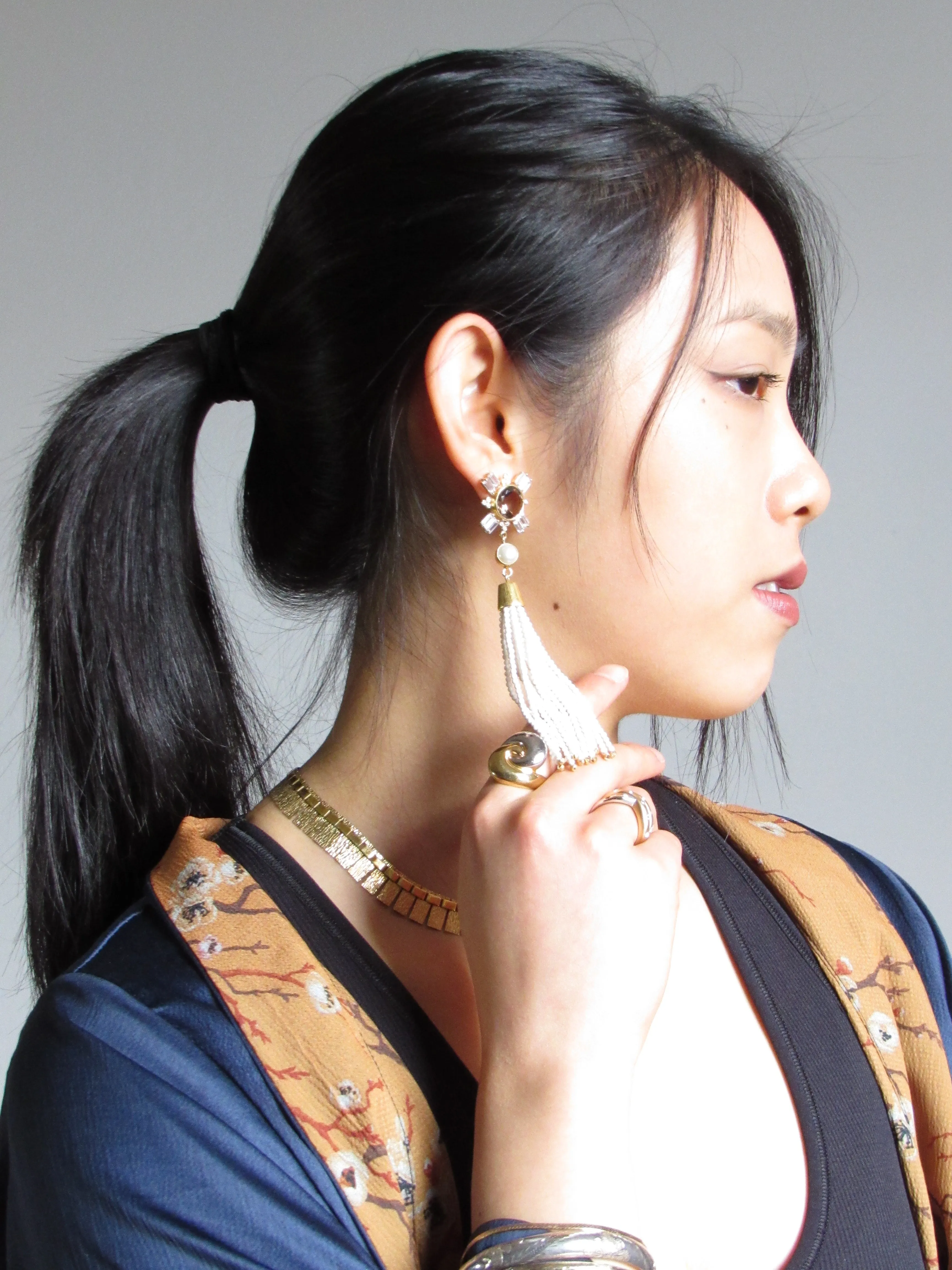 Smoky Quartz and Pearl with White Coral Beads Tassel 18k Gold Earrings