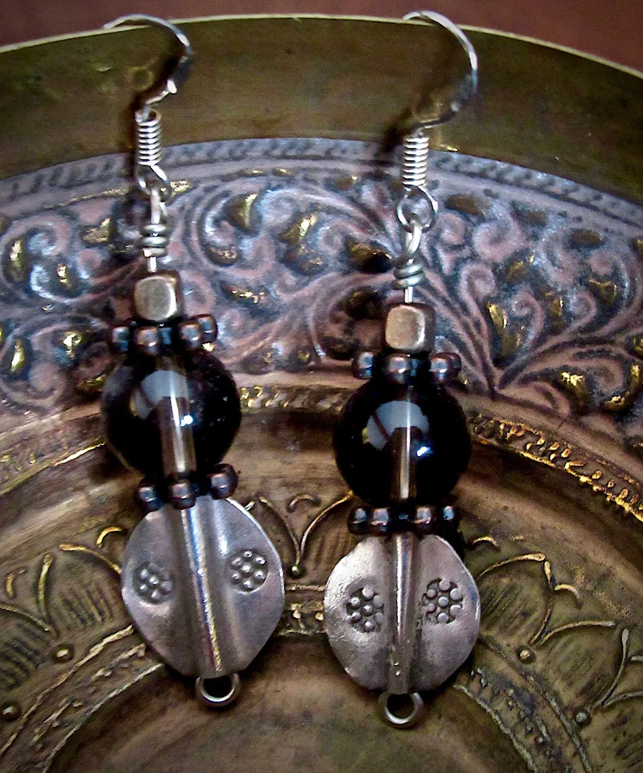 Smoky Quartz and Vintage Tribal Silver OOAK Dangle Earrings