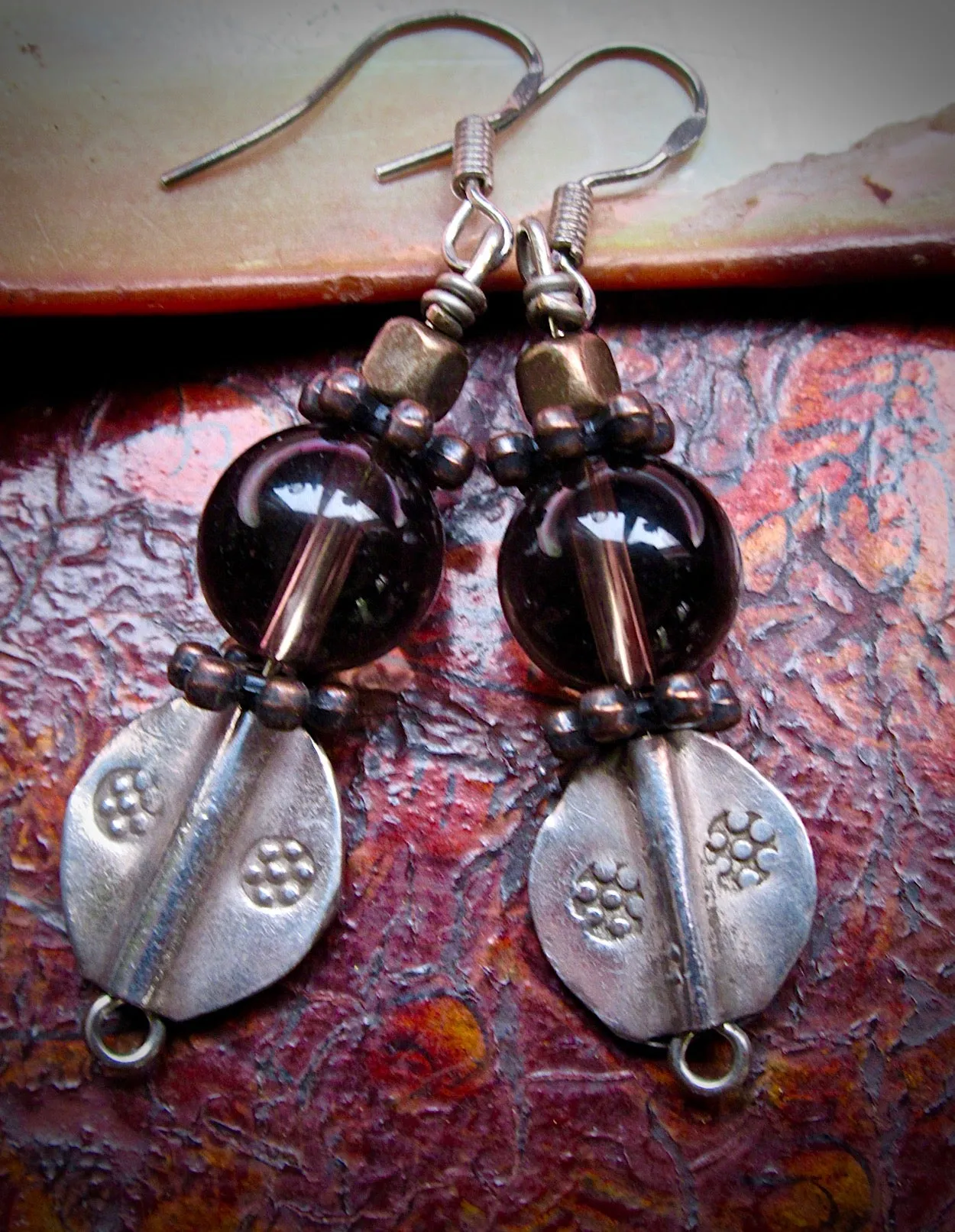 Smoky Quartz and Vintage Tribal Silver OOAK Dangle Earrings