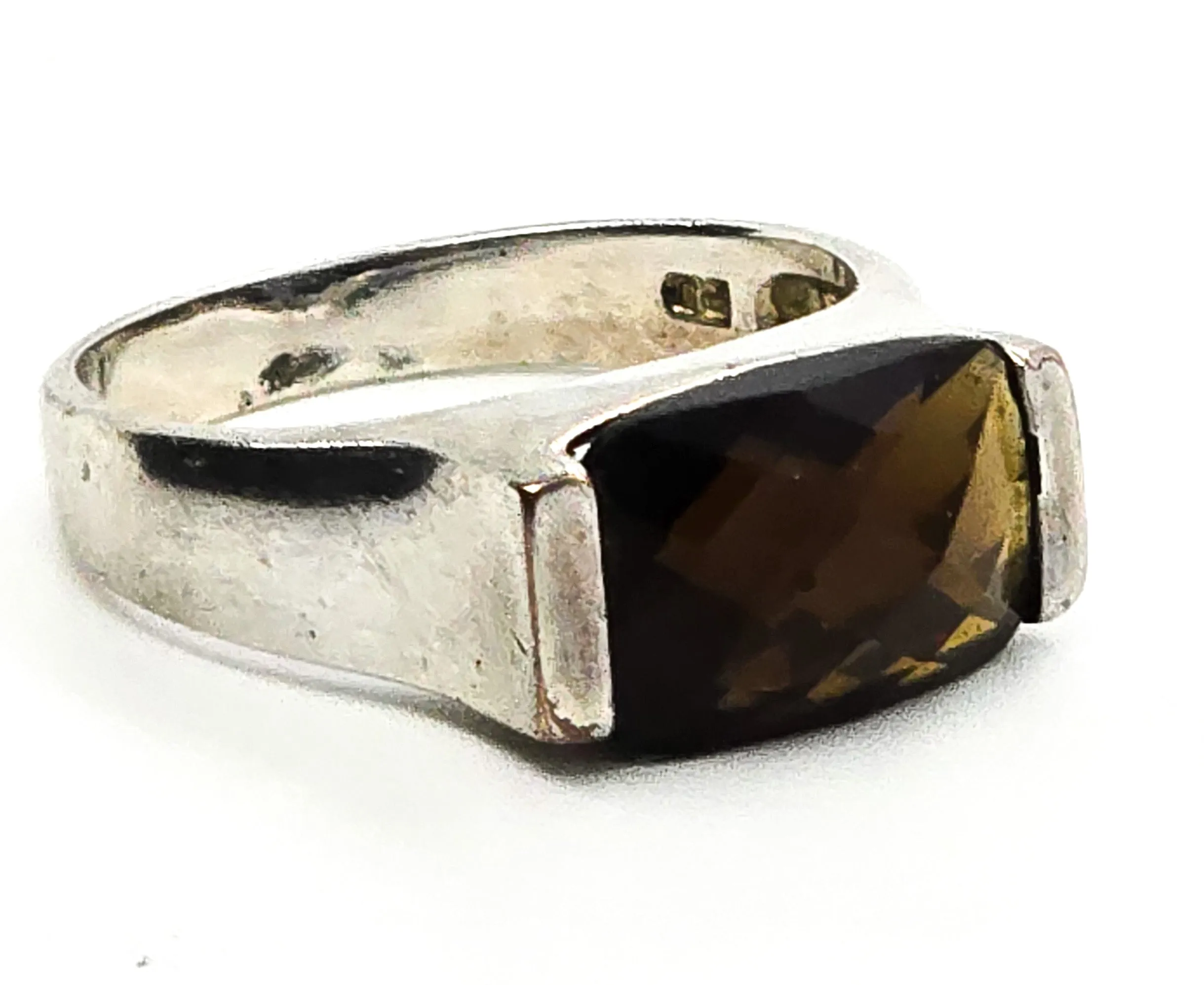 Smoky Quartz Faceted modernist synthetic gemstone vintage sterling silver ring size 10