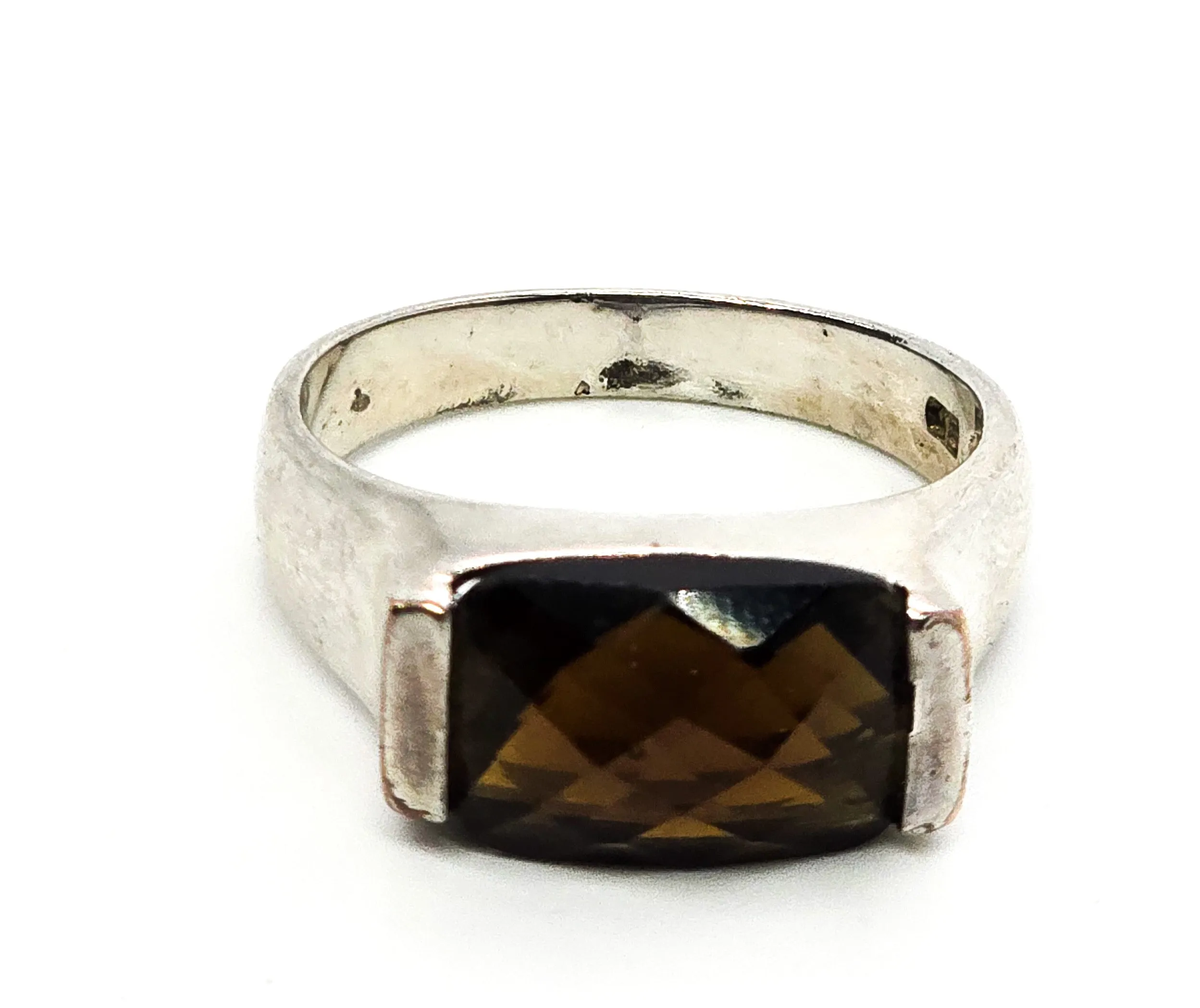 Smoky Quartz Faceted modernist synthetic gemstone vintage sterling silver ring size 10