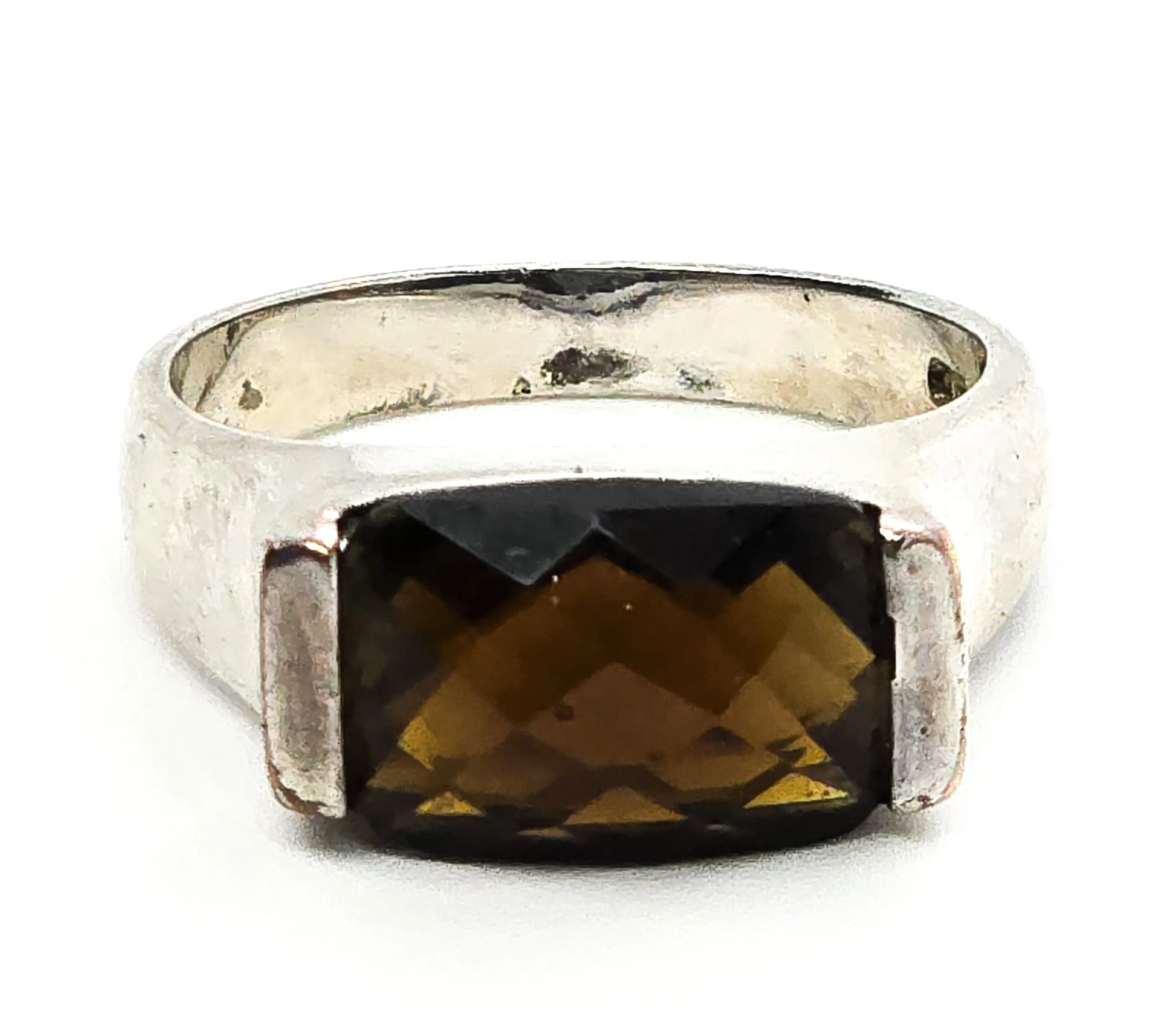 Smoky Quartz Faceted modernist synthetic gemstone vintage sterling silver ring size 10