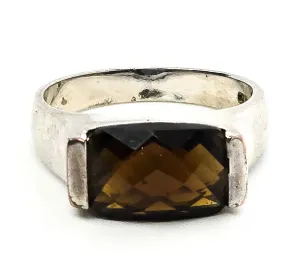 Smoky Quartz Faceted modernist synthetic gemstone vintage sterling silver ring size 10