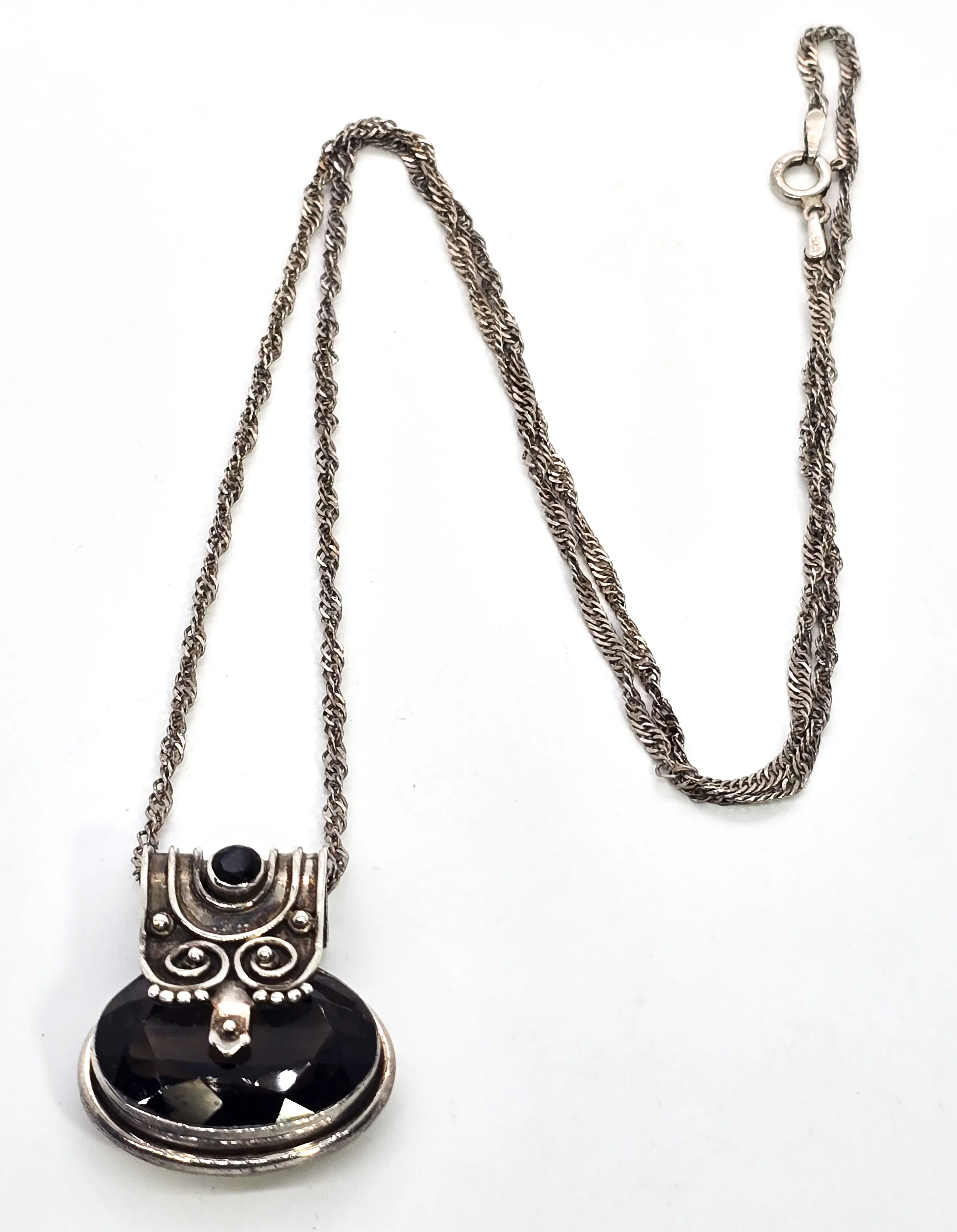 Smoky Quartz Large tribal swirl Balinese sterling silver vintage pendant necklace