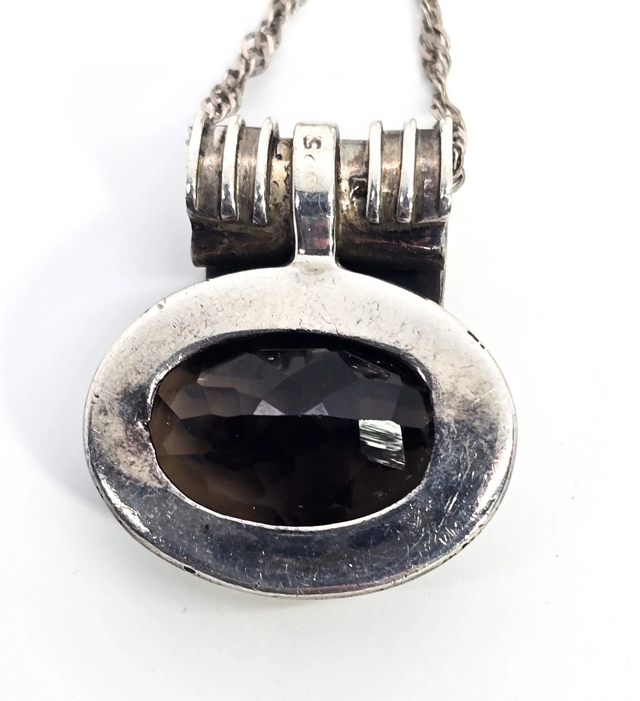 Smoky Quartz Large tribal swirl Balinese sterling silver vintage pendant necklace