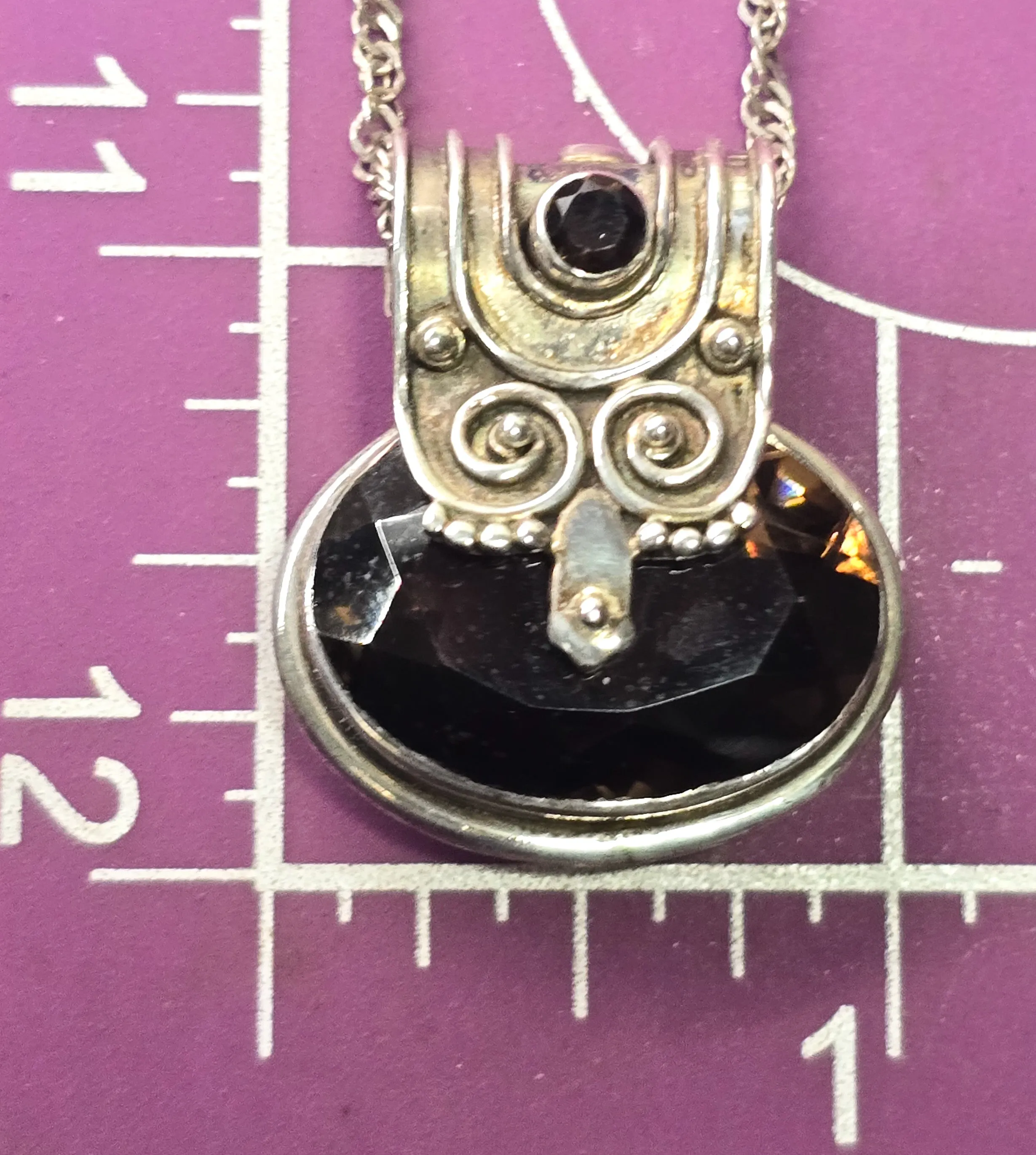 Smoky Quartz Large tribal swirl Balinese sterling silver vintage pendant necklace