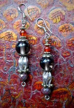 Smoky Quartz, Vintage Silver,Tiger Iron, Dangle Earrings OOAK