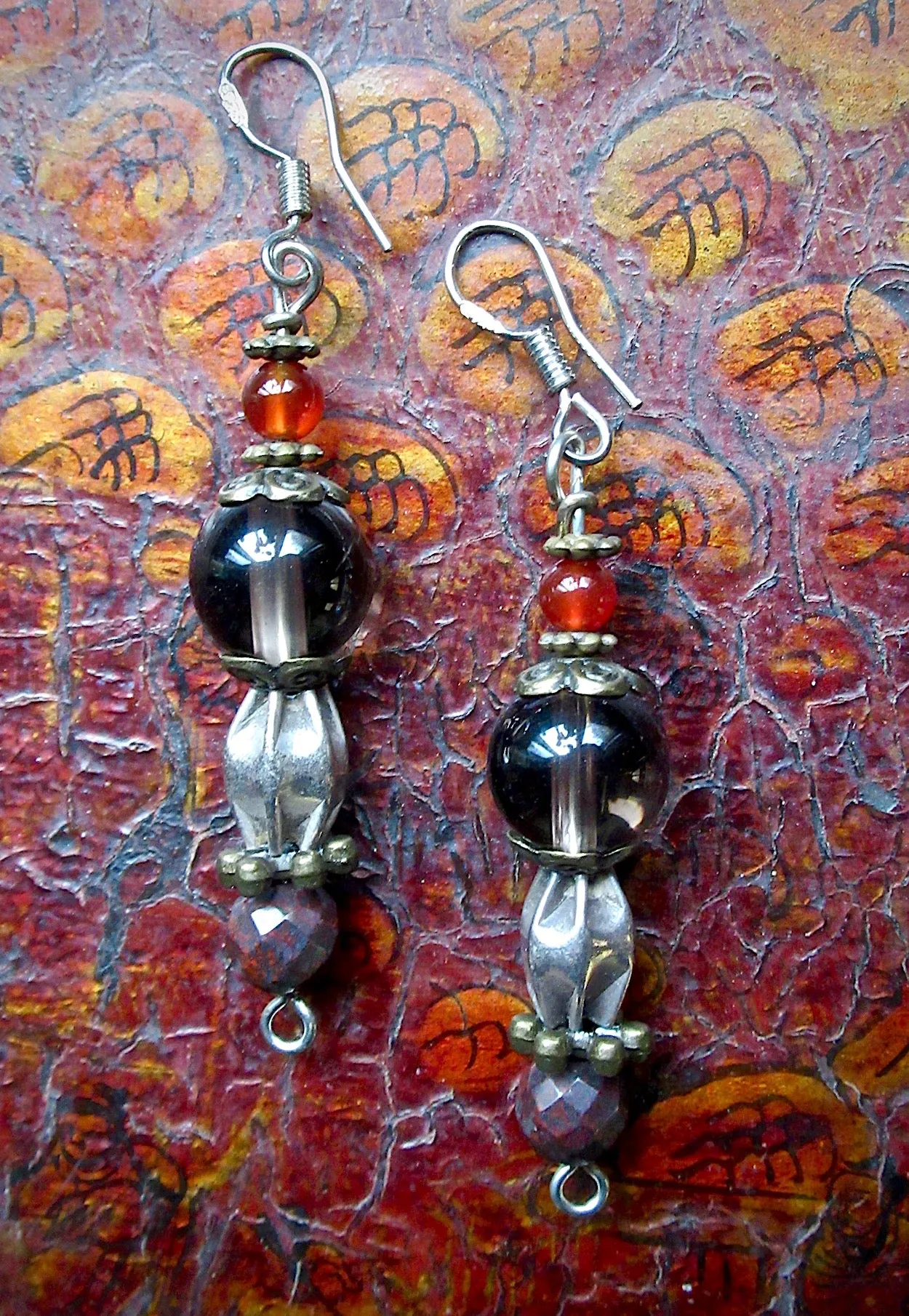 Smoky Quartz, Vintage Silver,Tiger Iron, Dangle Earrings OOAK