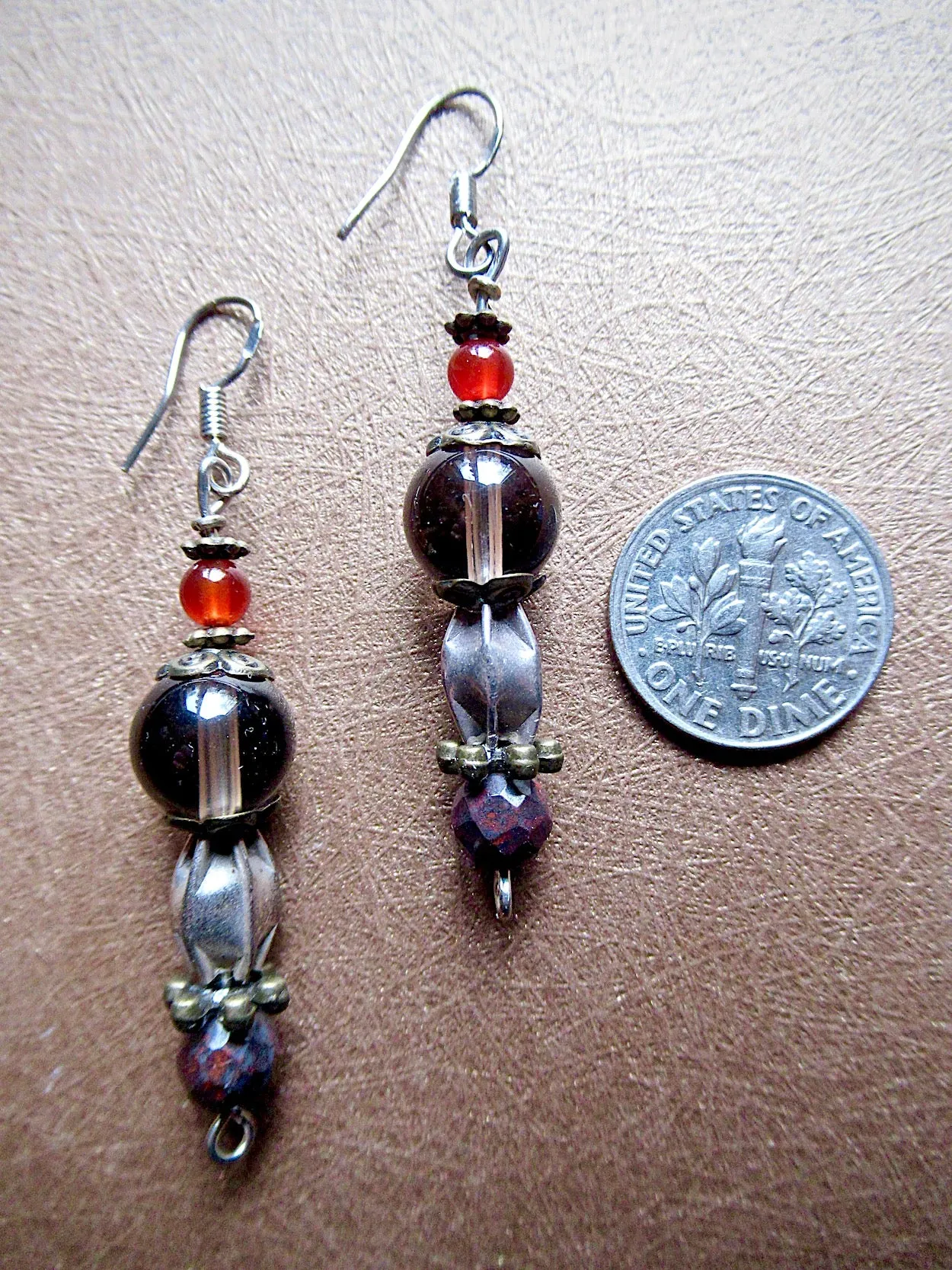 Smoky Quartz, Vintage Silver,Tiger Iron, Dangle Earrings OOAK