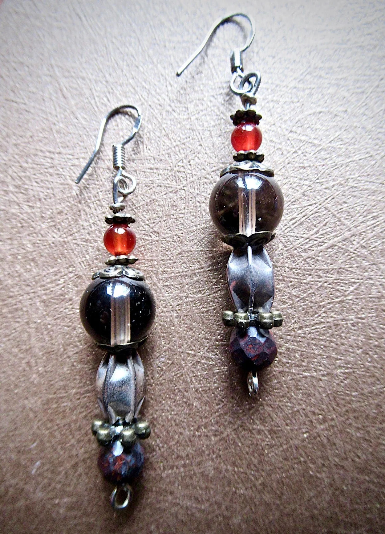 Smoky Quartz, Vintage Silver,Tiger Iron, Dangle Earrings OOAK