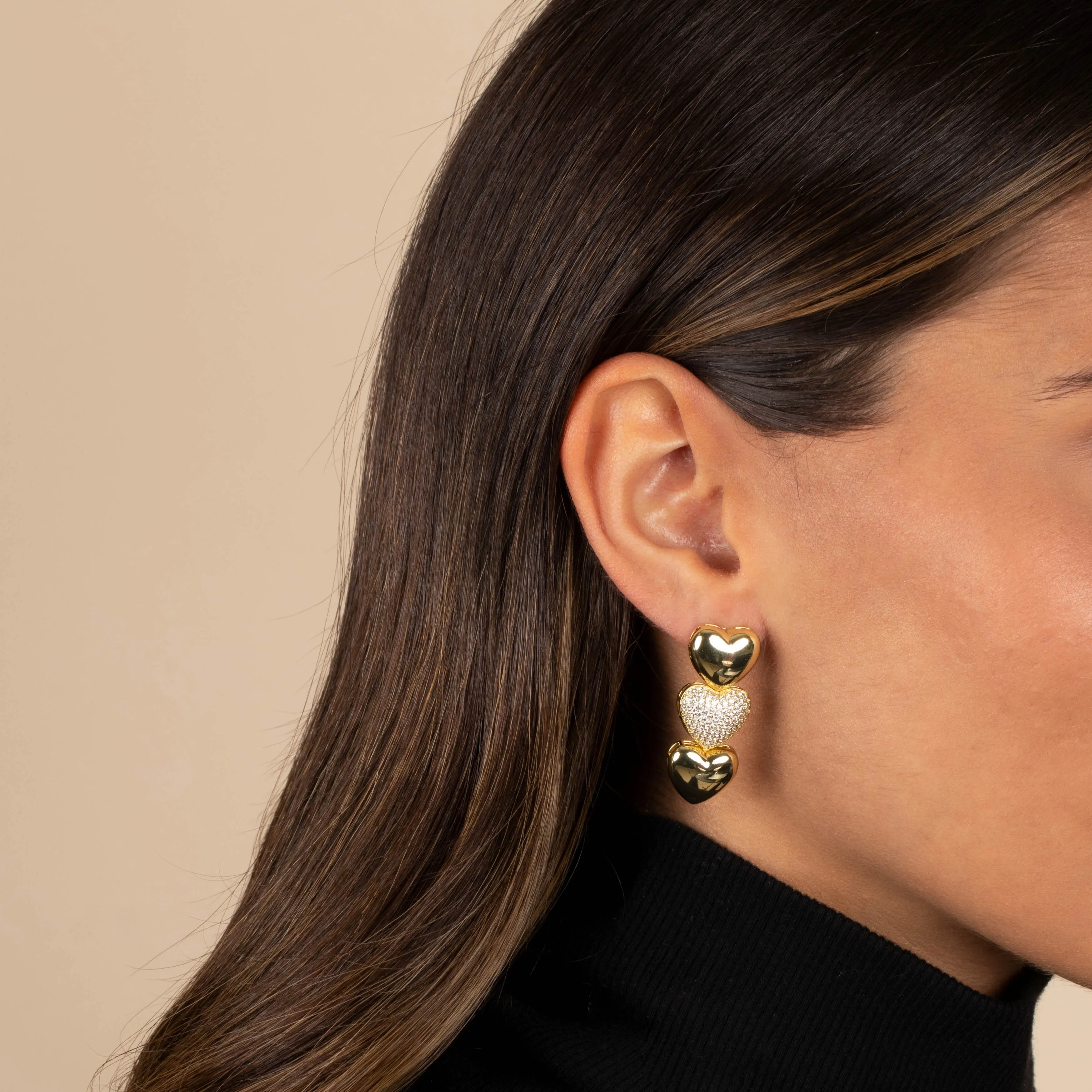 Solid/Pave Puffy Heart Drop Stud Earring