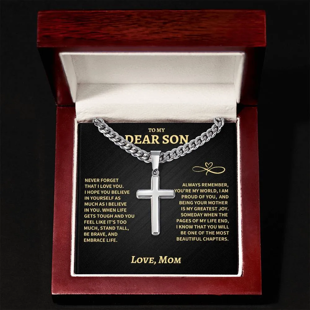 Son Gift From Mom, "Beautiful Chapters", Cuban Chain Artisan Cross Necklace