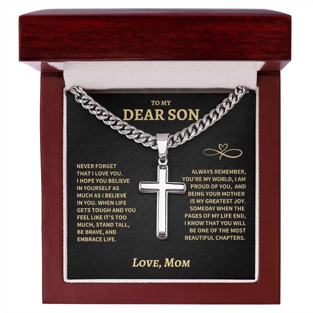 Son Gift From Mom, "Beautiful Chapters", Cuban Chain Artisan Cross Necklace