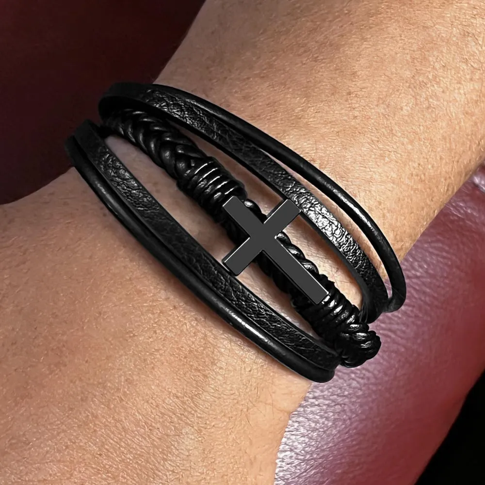 Son Retro Multi-layer Braided PU Leather Bracelet Cross Charm