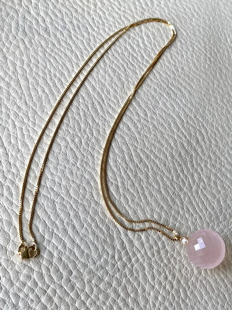 Sparkling! Rose quartz faceted orb pendant necklace set in 18k gold with 0.05 ct brilliant cut diamond by Ole Lynggaard
