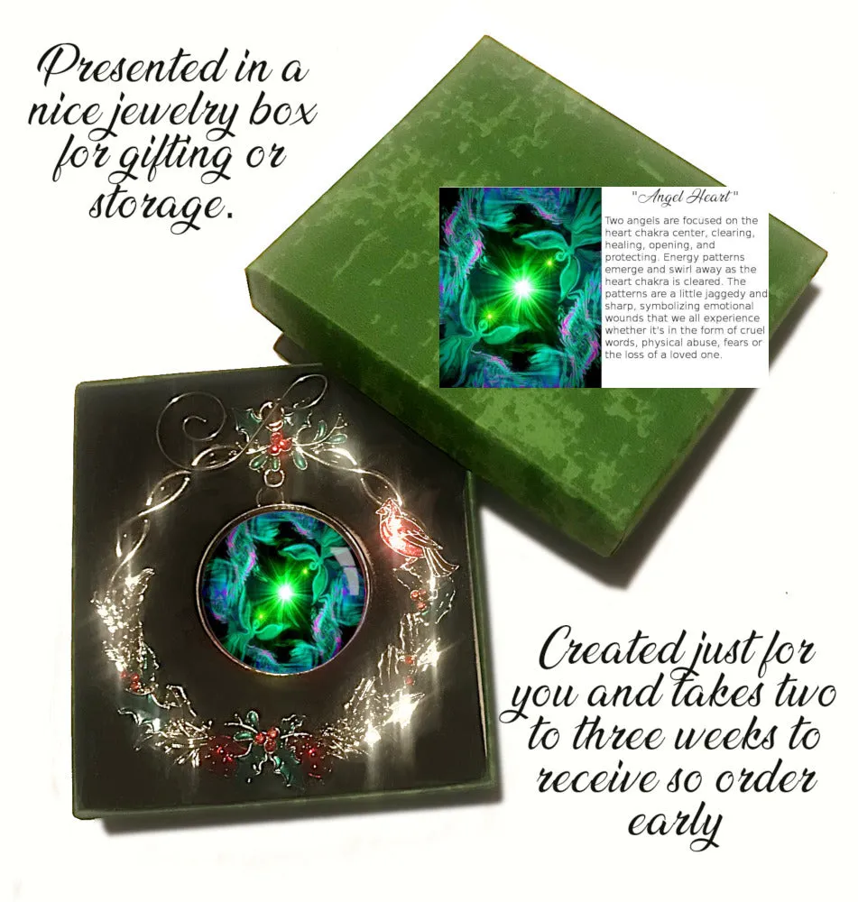 Sparkly Wreath Christmas Ornament With Green Twin Flame Art by Primal Painter - "Angel Hearts"