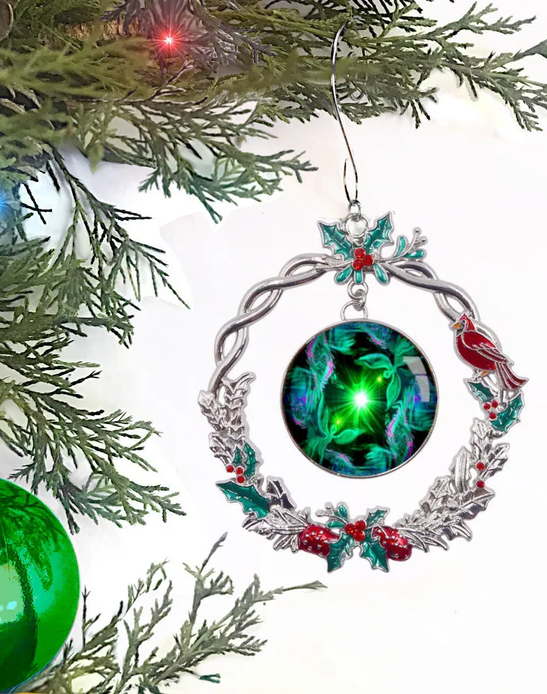 Sparkly Wreath Christmas Ornament With Green Twin Flame Art by Primal Painter - "Angel Hearts"