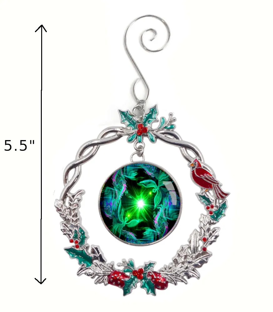 Sparkly Wreath Christmas Ornament With Green Twin Flame Art by Primal Painter - "Angel Hearts"