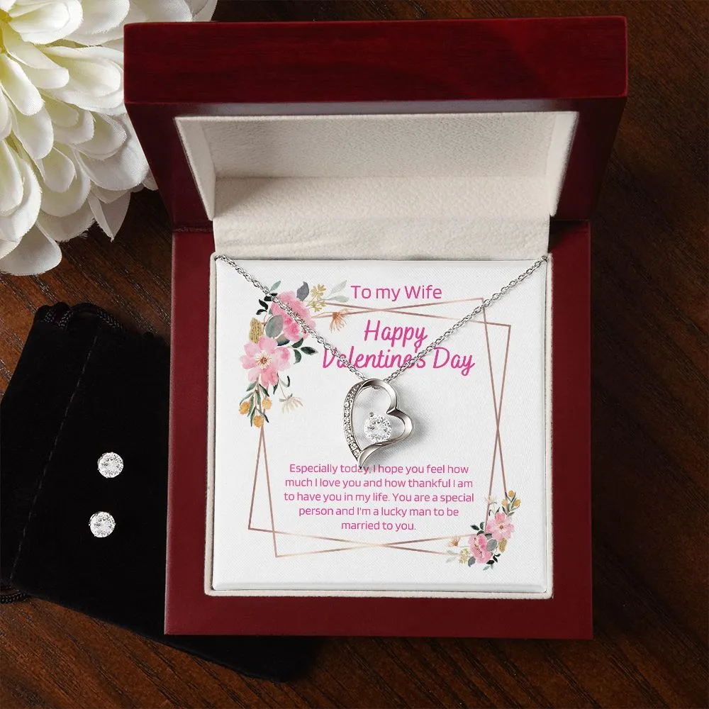 Special Wife Valentine's Forever Heart Necklace & Cubic Zirconia Earring Set