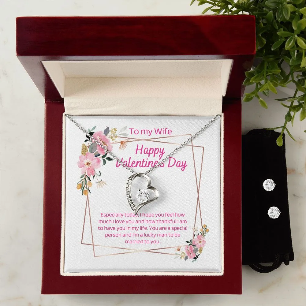 Special Wife Valentine's Forever Heart Necklace & Cubic Zirconia Earring Set