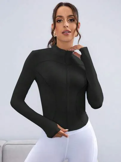 Sport Studio Solid Stand Collar Thumb Hole Sports Jacket – Lightweight & Breathable