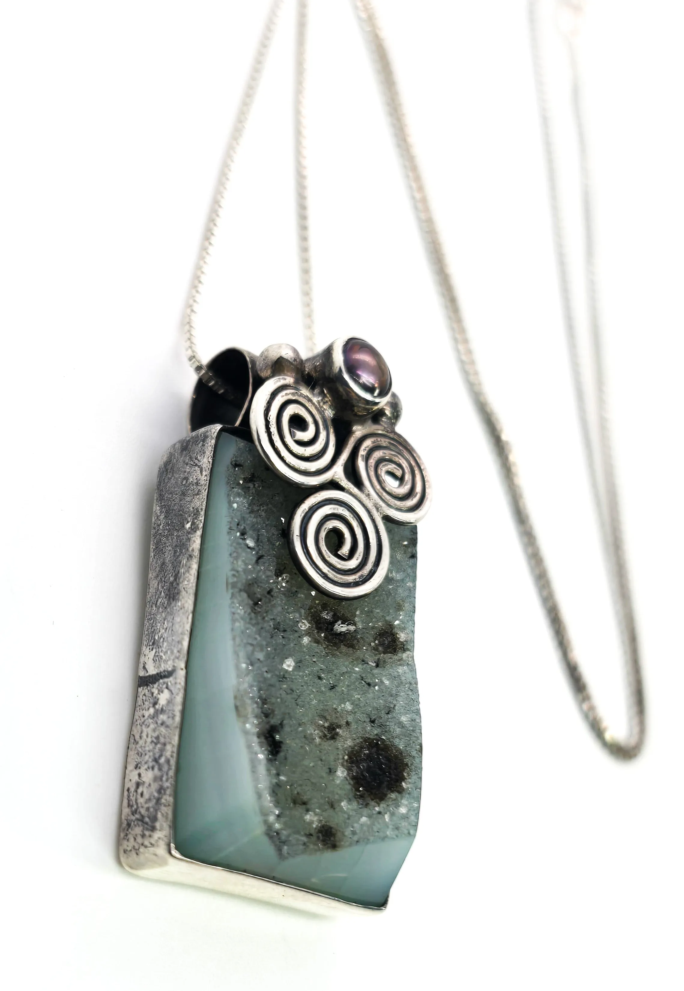 Spotted blue Druzy quartz with purple Tahitian pearl sterling silver pendant necklace
