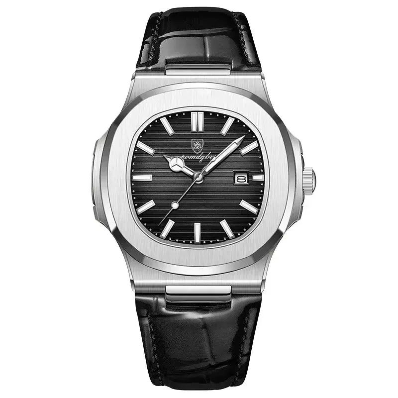 Square Men's Quartz Watch Date, Waterproof Design, Luminous Display and Leather Strap