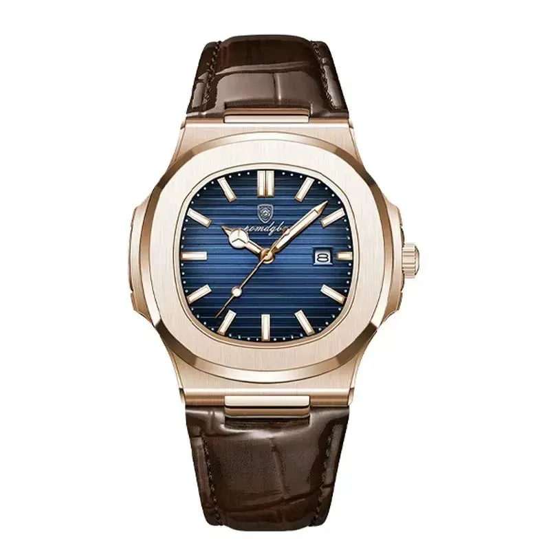 Square Men's Quartz Watch Date, Waterproof Design, Luminous Display and Leather Strap