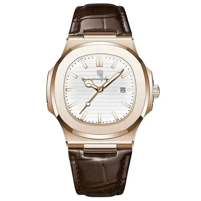 Square Men's Quartz Watch Date, Waterproof Design, Luminous Display and Leather Strap