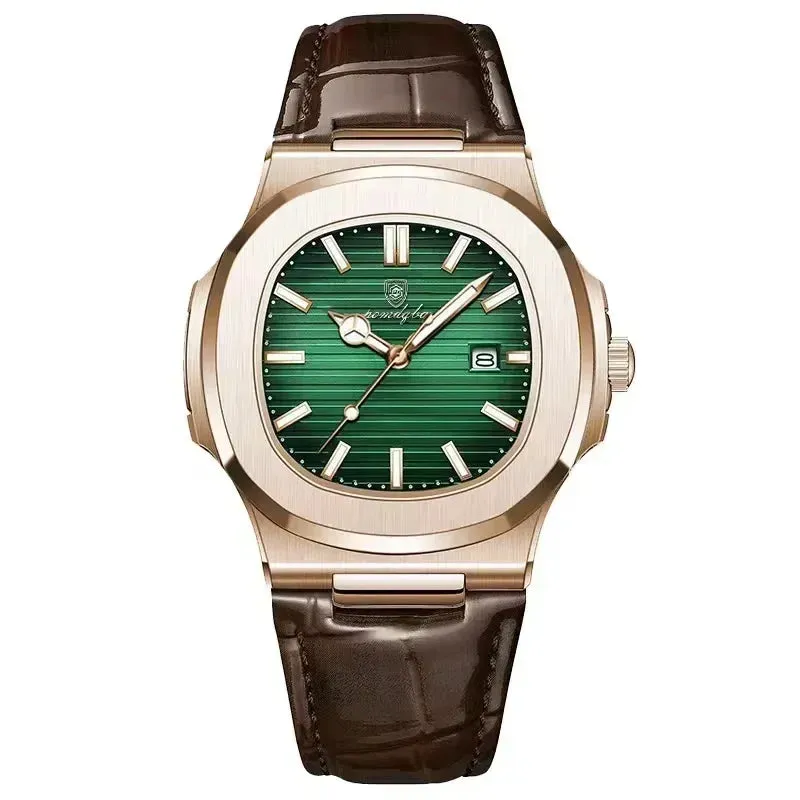 Square Men's Quartz Watch Date, Waterproof Design, Luminous Display and Leather Strap