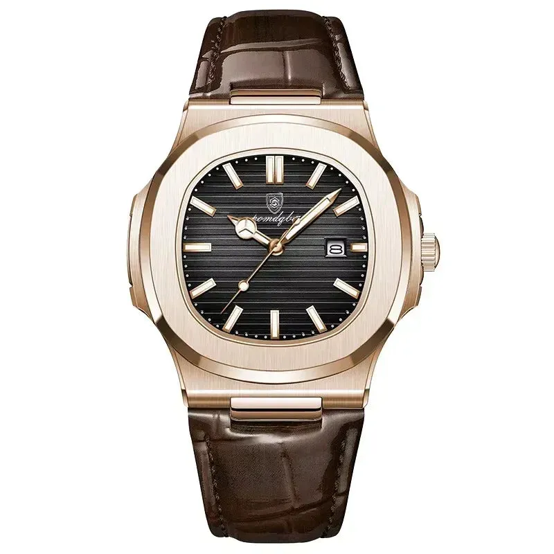 Square Men's Quartz Watch Date, Waterproof Design, Luminous Display and Leather Strap
