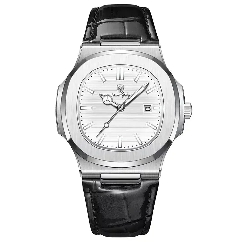 Square Men's Quartz Watch Date, Waterproof Design, Luminous Display and Leather Strap