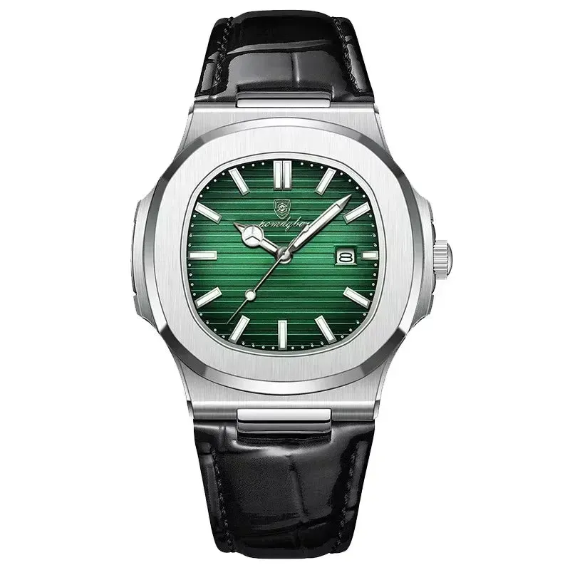 Square Men's Quartz Watch Date, Waterproof Design, Luminous Display and Leather Strap