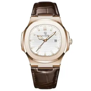 Square Men's Quartz Watch Date, Waterproof Design, Luminous Display and Leather Strap