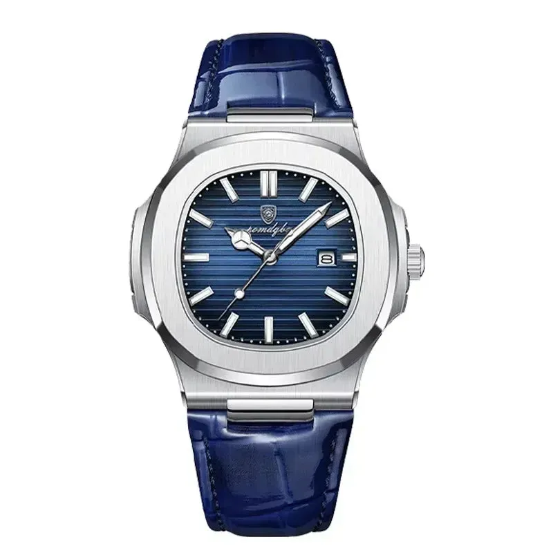 Square Men's Quartz Watch Date, Waterproof Design, Luminous Display and Leather Strap