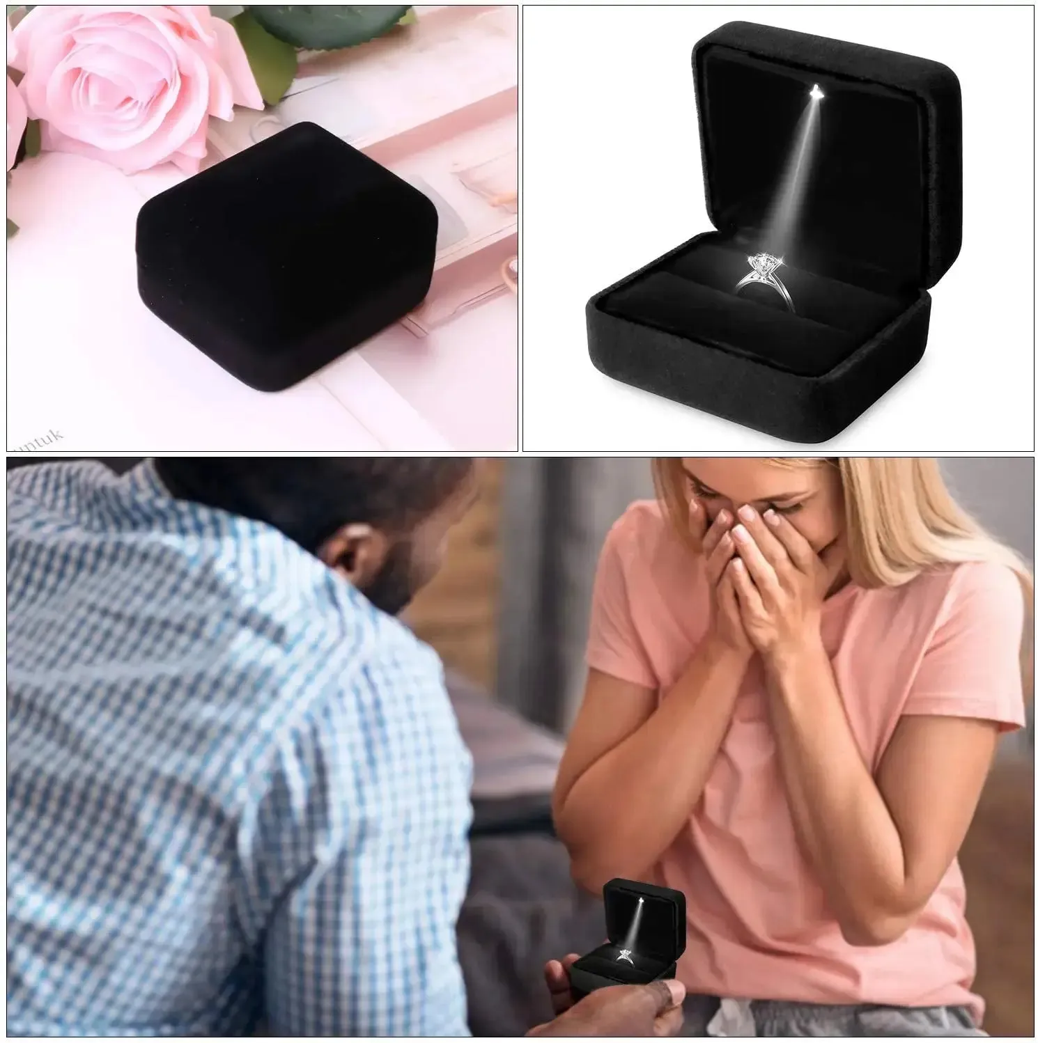 Square Velvet Ring Box LED Light Jewelry Gift Display Case Engagement and Wedding Couple Rings Box Holder Case Storage Gift Box