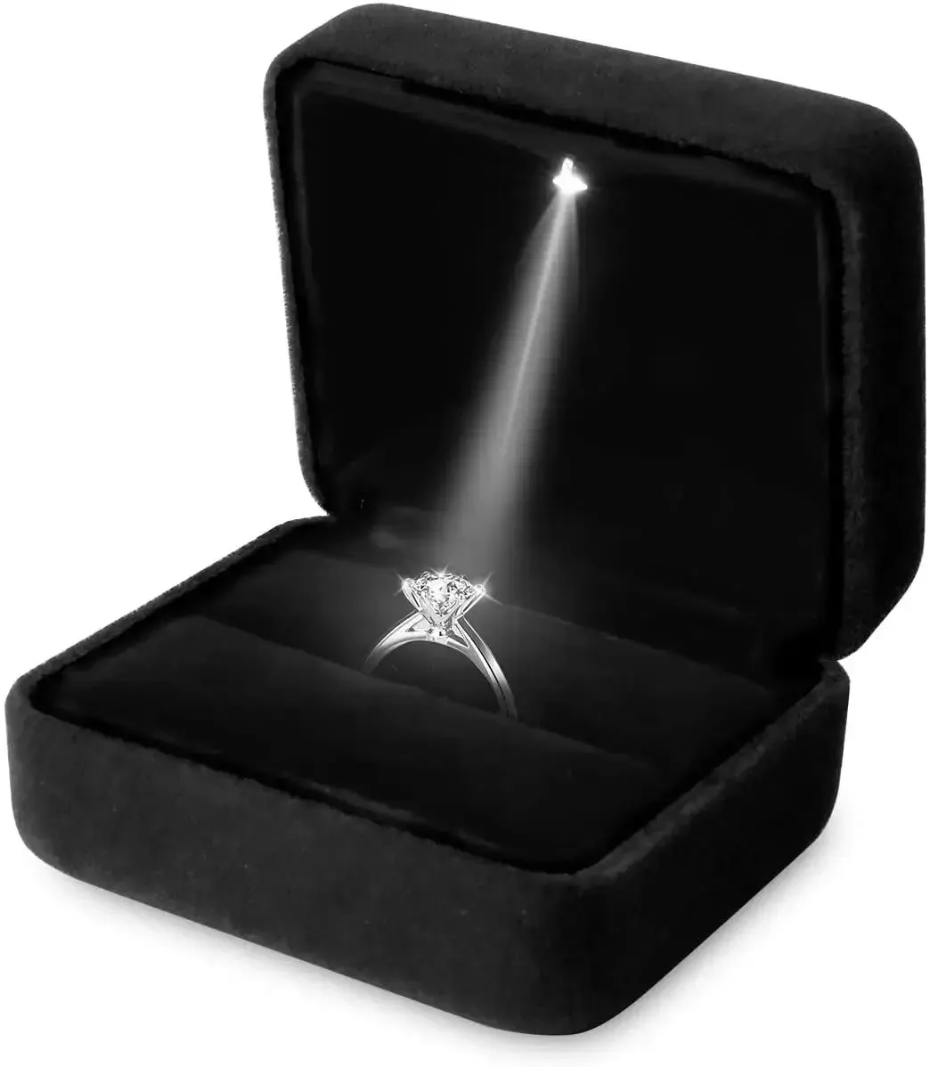 Square Velvet Ring Box LED Light Jewelry Gift Display Case Engagement and Wedding Couple Rings Box Holder Case Storage Gift Box