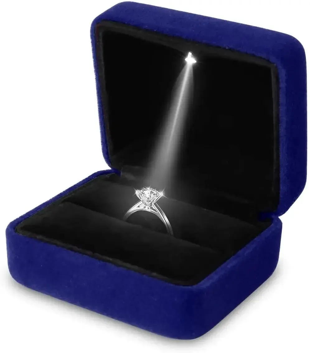 Square Velvet Ring Box LED Light Jewelry Gift Display Case Engagement and Wedding Couple Rings Box Holder Case Storage Gift Box