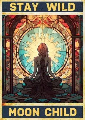Stay Wild Moon Child Stained Glass Window Yoga Wicca Coven Halloween - High Resolution Digital Custom AI Designed Retro Vintage Style Art