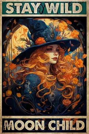 Stay Wild Moon Child  Vivid Color Beautiful Red Haired Witch Wicca Coven Art High Resolution Digital Custom AI Designed Retro Vintage Style