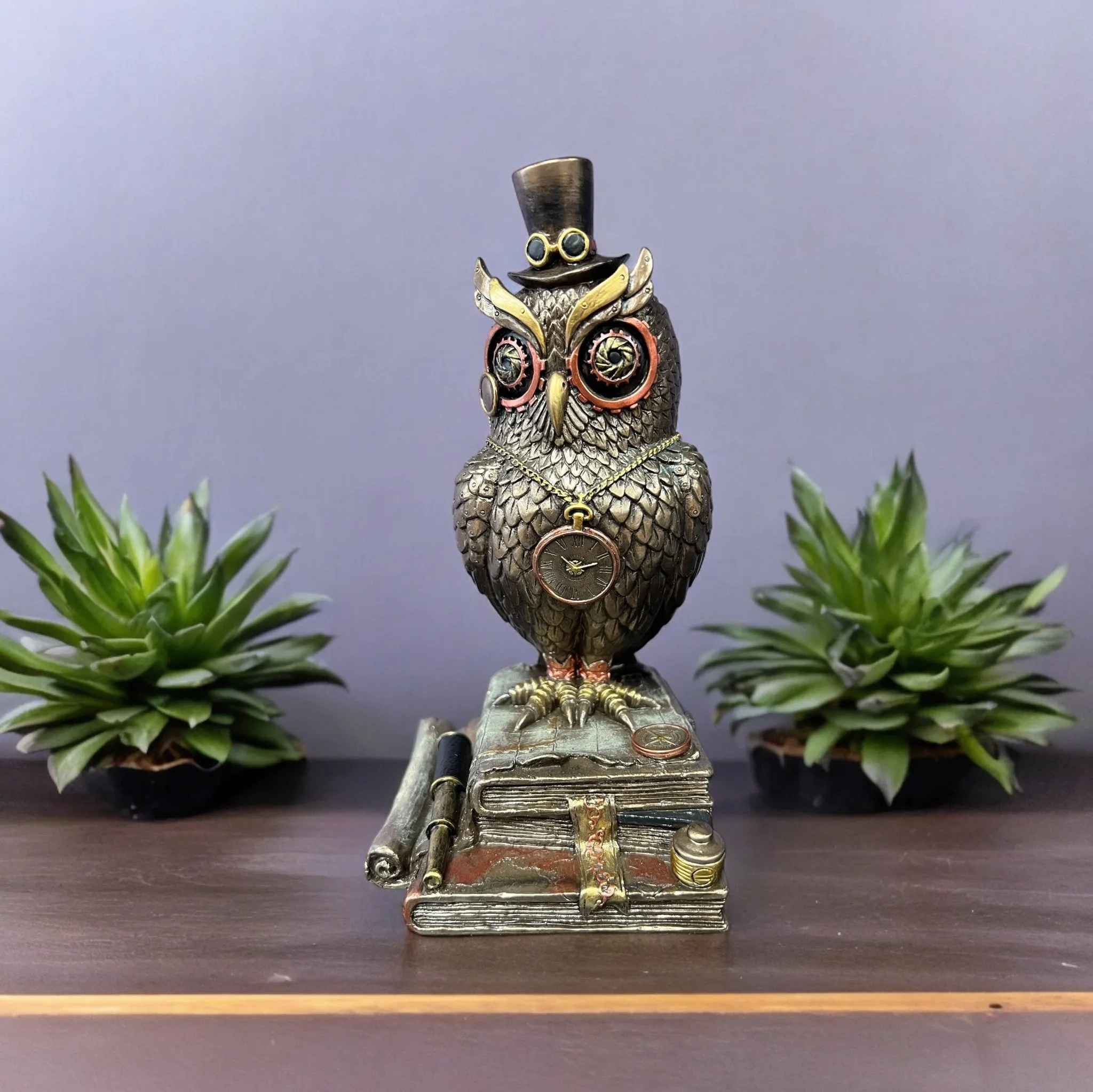 Steampunk Mechanical Owl Standing on Books Statue - Veronese Design