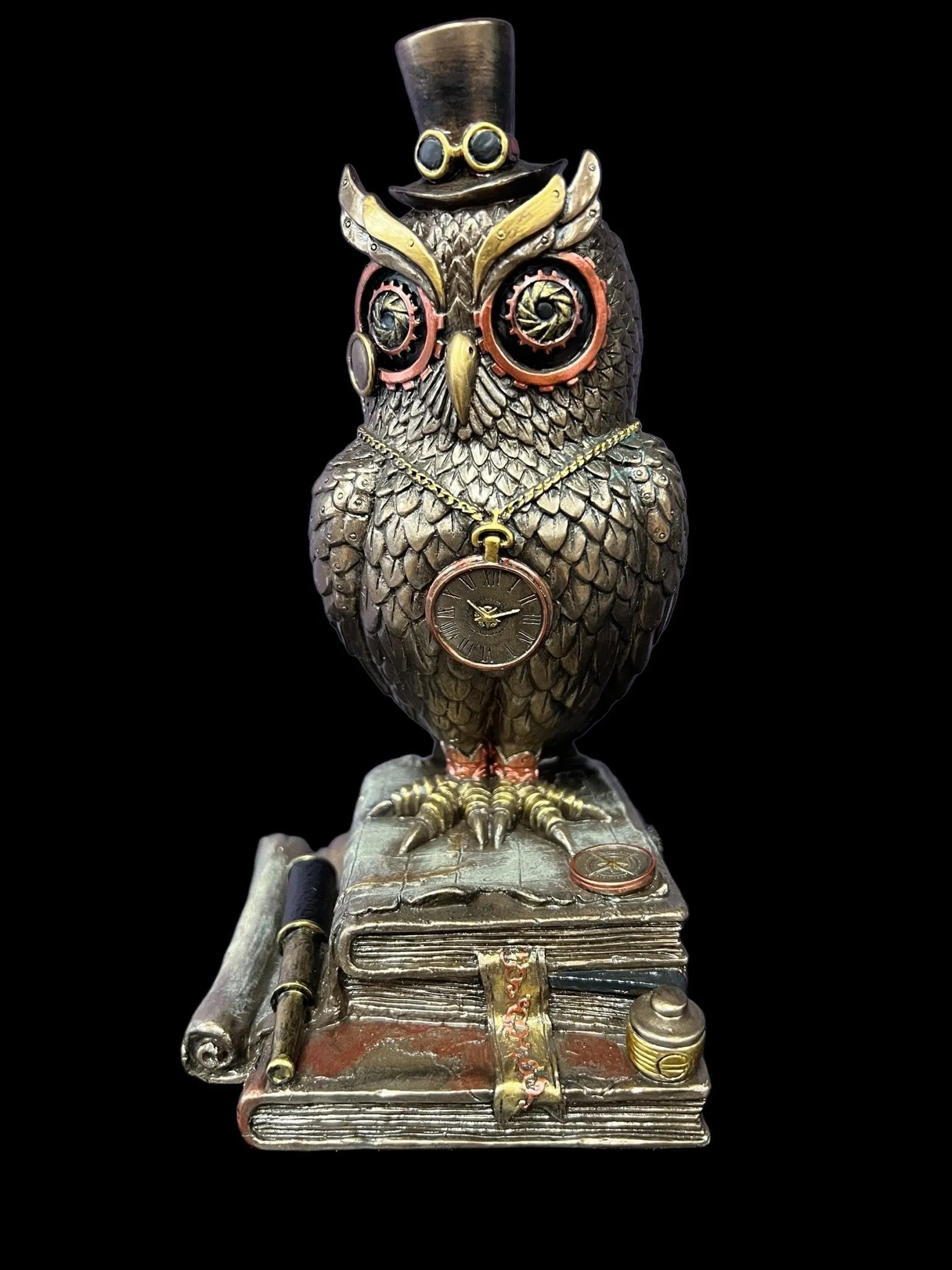 Steampunk Mechanical Owl Standing on Books Statue - Veronese Design