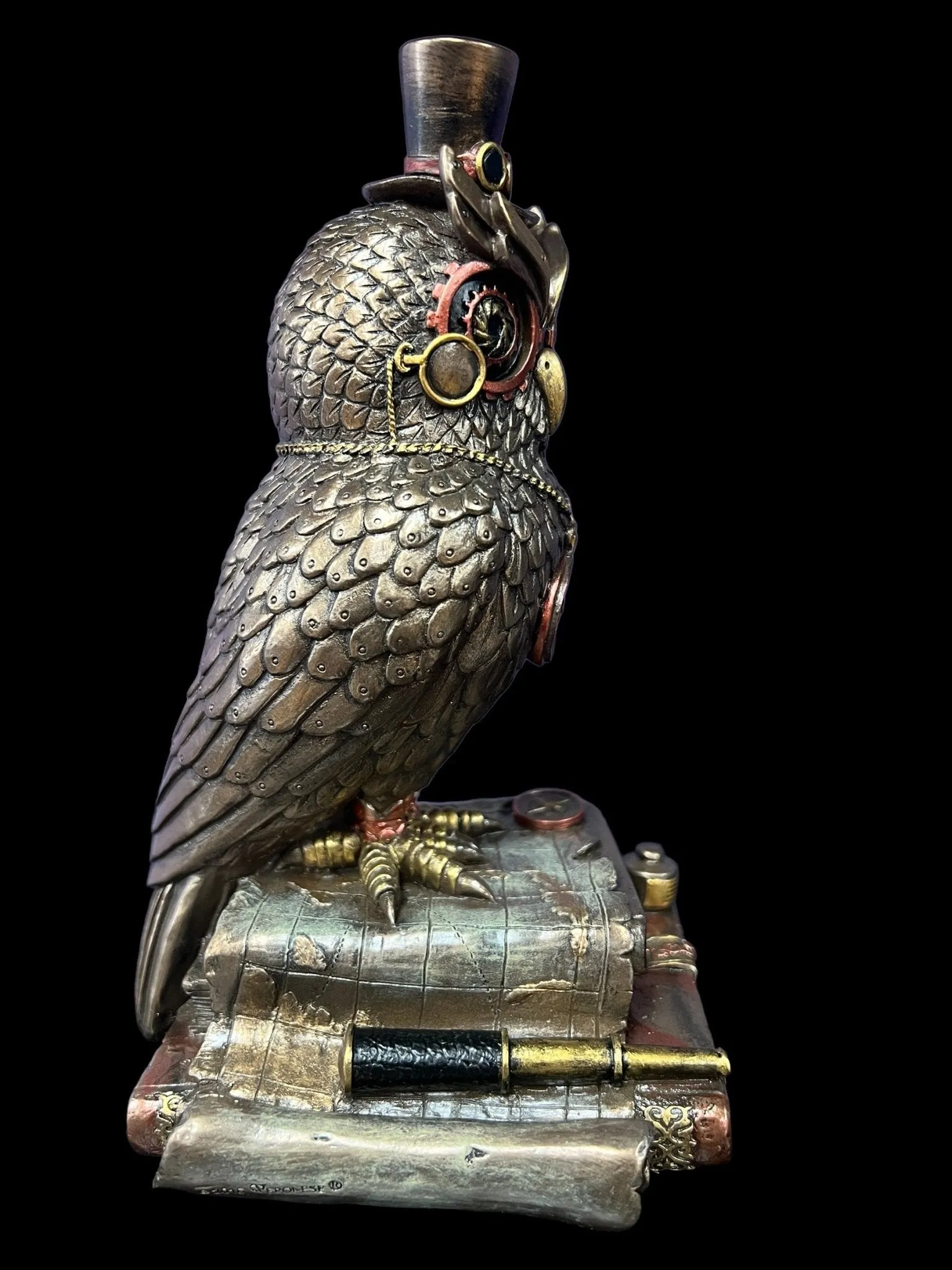 Steampunk Mechanical Owl Standing on Books Statue - Veronese Design