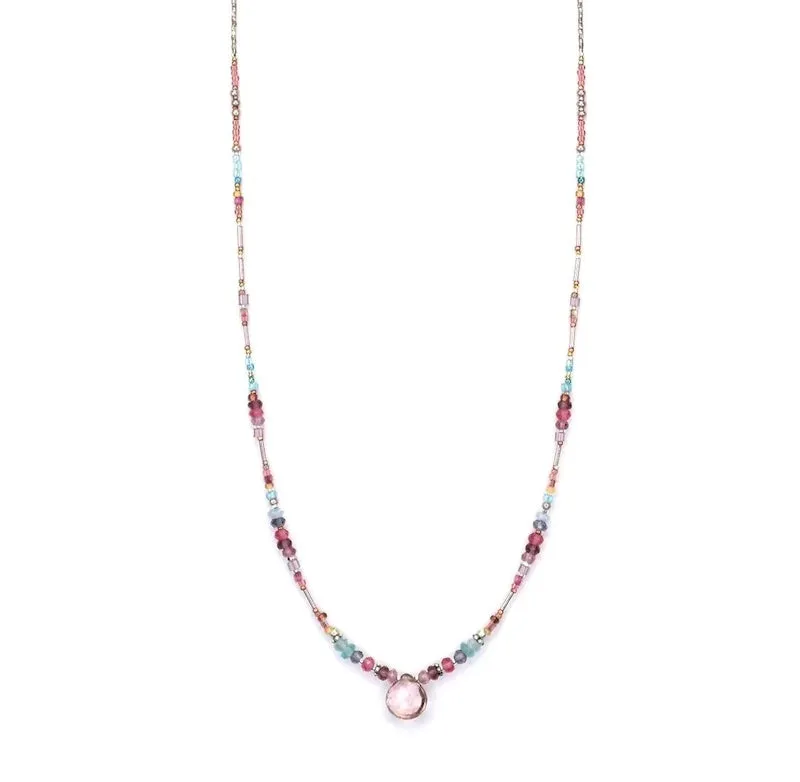 Sterling Silver Necklace with Pink Quartz, Aquamarine, and Crystal Quartz
