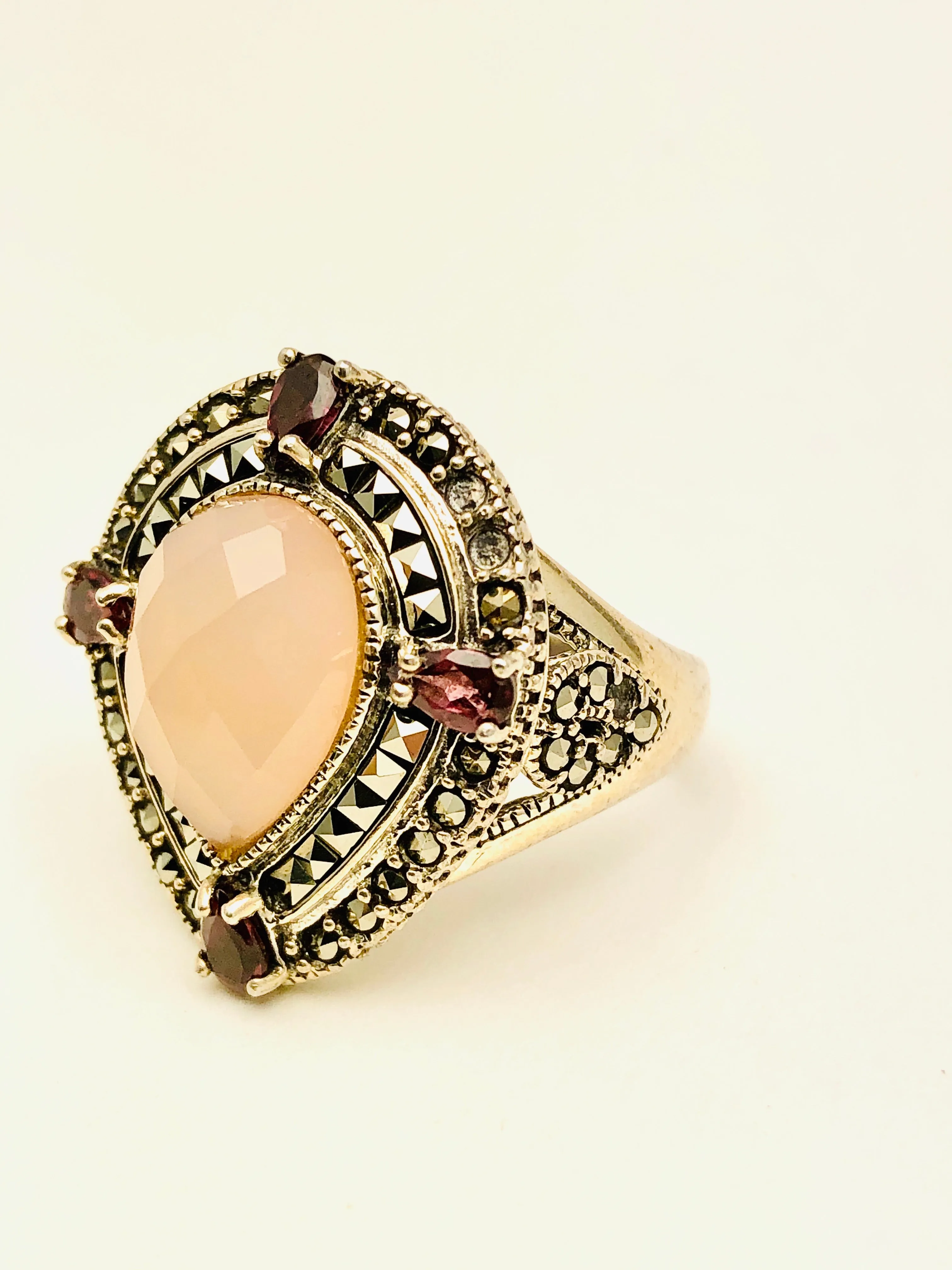 Sterling Silver Rose Quartz Garnet Marquisite Ring