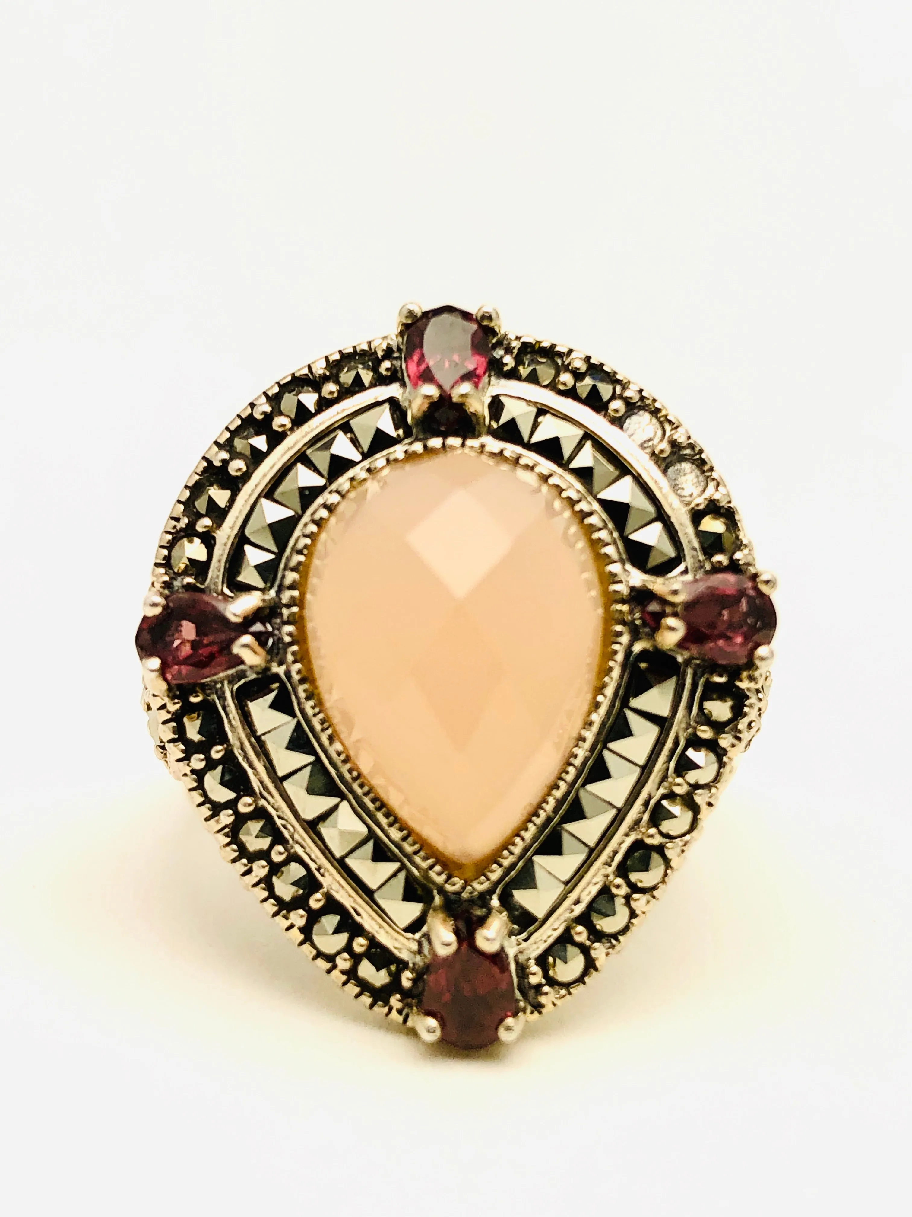 Sterling Silver Rose Quartz Garnet Marquisite Ring